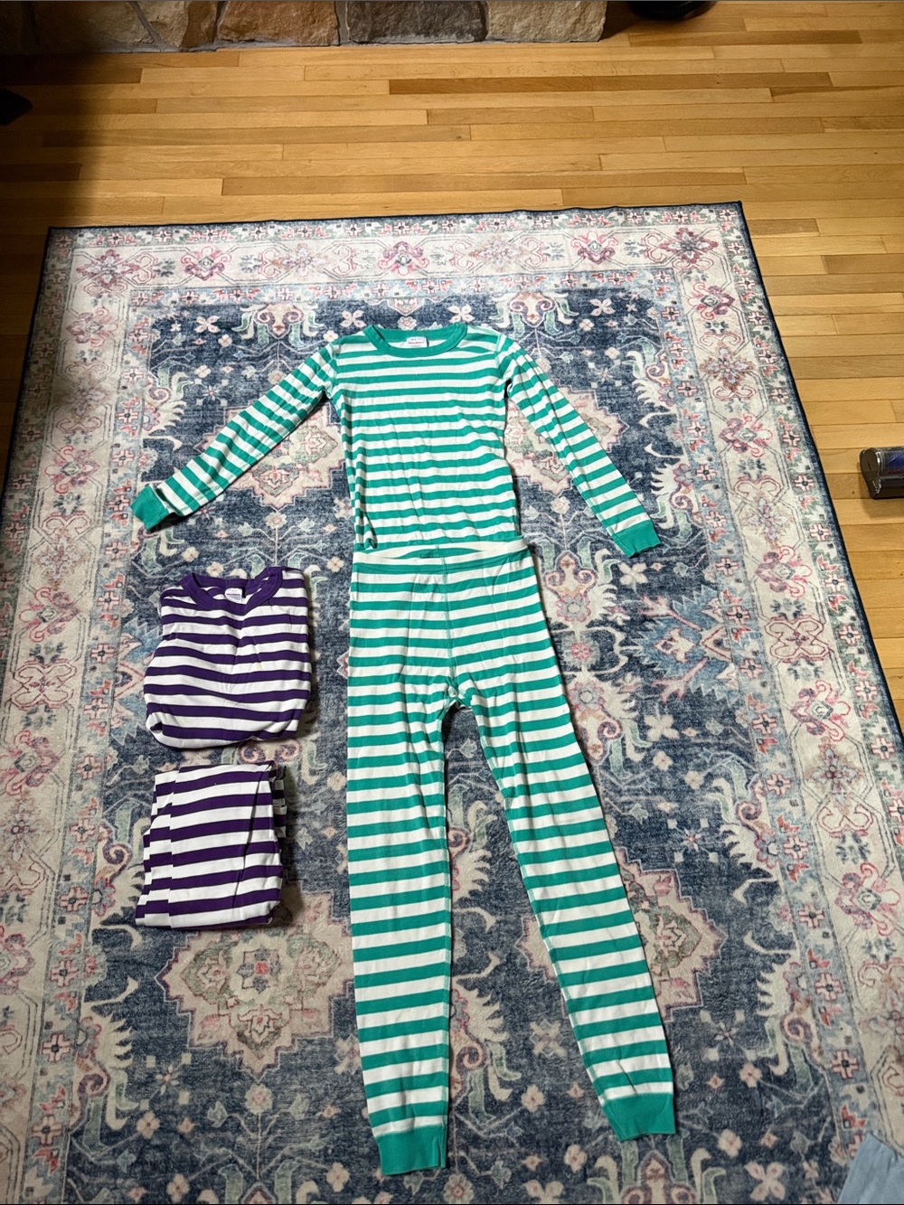 Green & White Striped Long Johns Pajama Set